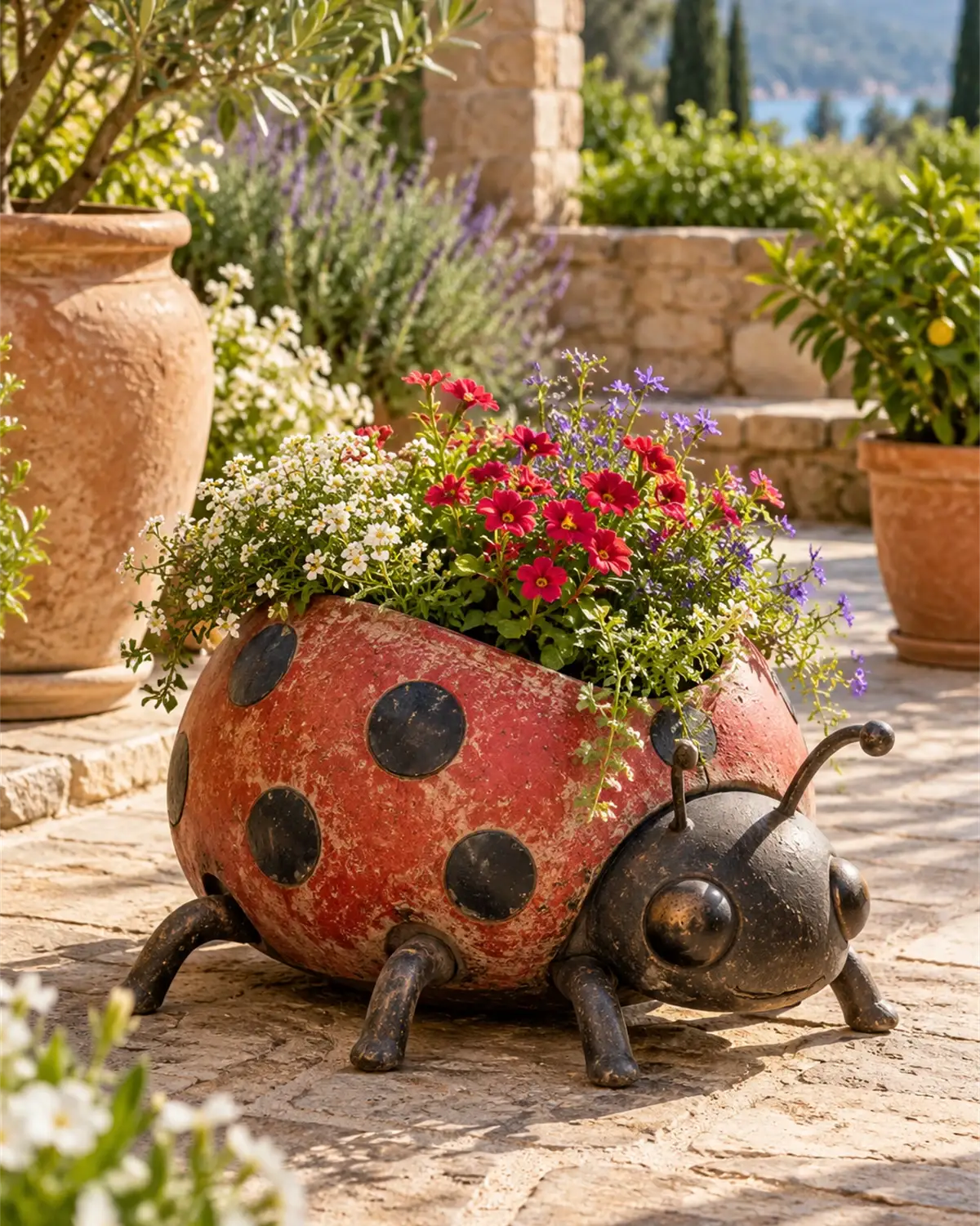 Vaso decorativo em forma de joaninha num jardim